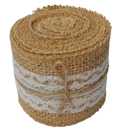 JUTECHO Natural Jute Burlap Ribbon with White Lace – 2m x 2in Roll for Crafts, Gift Wrapping & Wedding Decor (Pack of 1Piece Roll) (Brown with Embroidery) - Image 1