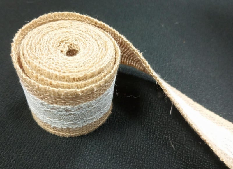 JUTECHO Natural Jute Burlap Ribbon with White Lace – 2m x 2in Roll for Crafts, Gift Wrapping & Wedding Decor (Pack of 1Piece Roll) (Brown with Embroidery) - Image 2