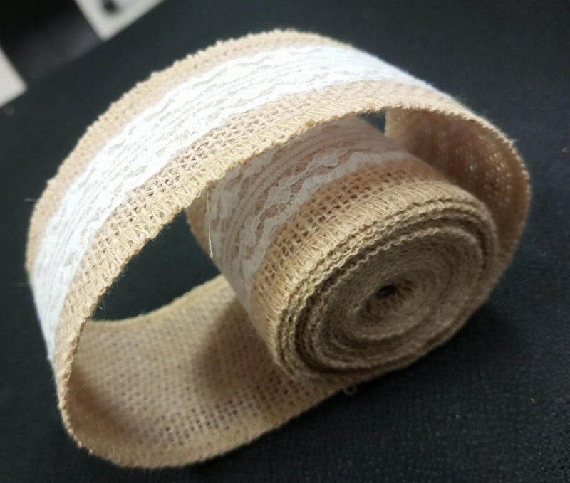 JUTECHO Natural Jute Burlap Ribbon with White Lace – 2m x 2in Roll for Crafts, Gift Wrapping & Wedding Decor (Pack of 1Piece Roll) (Brown with Embroidery) - Image 3