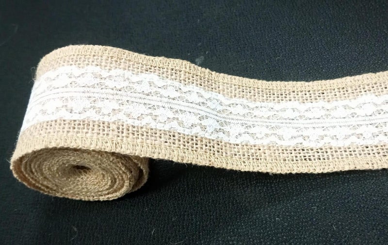 JUTECHO Natural Jute Burlap Ribbon with White Lace – 2m x 2in Roll for Crafts, Gift Wrapping & Wedding Decor (Pack of 1Piece Roll) (Brown with Embroidery) - Image 4