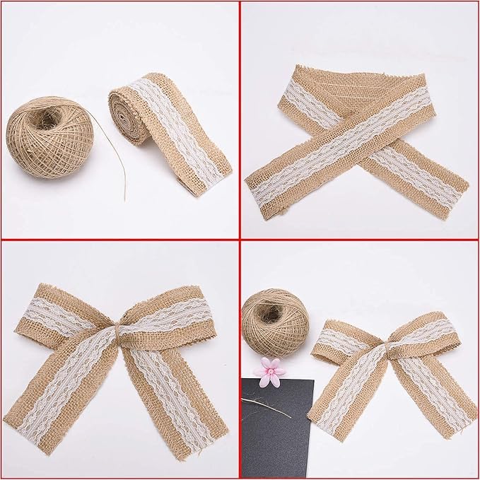 JUTECHO Natural Jute Burlap Ribbon with White Lace – 2m x 2in Roll for Crafts, Gift Wrapping & Wedding Decor (Pack of 1Piece Roll) (Brown with Embroidery) - Image 5