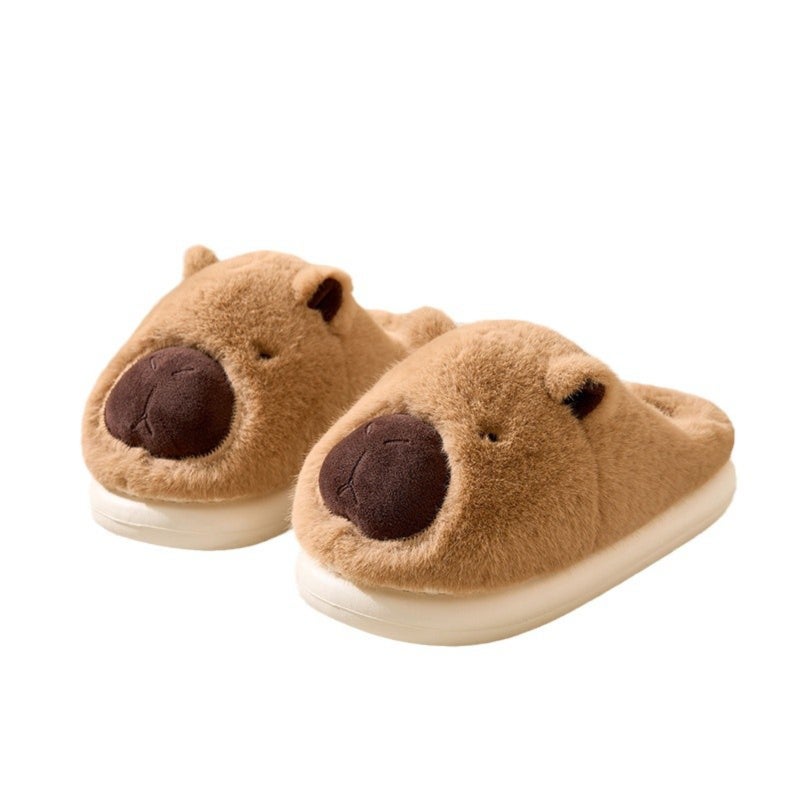 Cotton slippers, wear home non-slip and warm slippers in autumn and winter, cute thickened fluffy slippers, the same for men and women (khaki, size 37-38) - Image 1