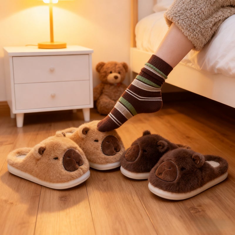 Cotton slippers, wear home non-slip and warm slippers in autumn and winter, cute thickened fluffy slippers, the same for men and women (khaki, size 37-38) - Image 3