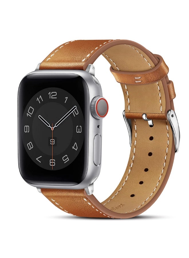 Compatible with Apple Watch Genuine Leather Band 38mm 40mm 41mm Soft Replacement Strap Adjustable Wristbands Compatible with iWatch SE & Series 9/8//7/6/5/4/3/2/1, Men Women(Caramel Brown) - Image 1