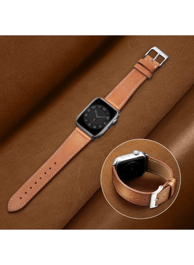Compatible with Apple Watch Genuine Leather Band 38mm 40mm 41mm Soft Replacement Strap Adjustable Wristbands Compatible with iWatch SE & Series 9/8//7/6/5/4/3/2/1, Men Women(Caramel Brown) - Image 4