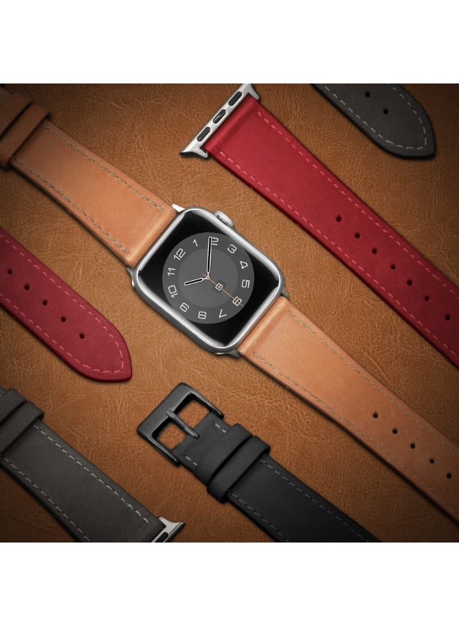 Compatible with Apple Watch Genuine Leather Band 38mm 40mm 41mm Soft Replacement Strap Adjustable Wristbands Compatible with iWatch SE & Series 9/8//7/6/5/4/3/2/1, Men Women(Caramel Brown) - Image 2