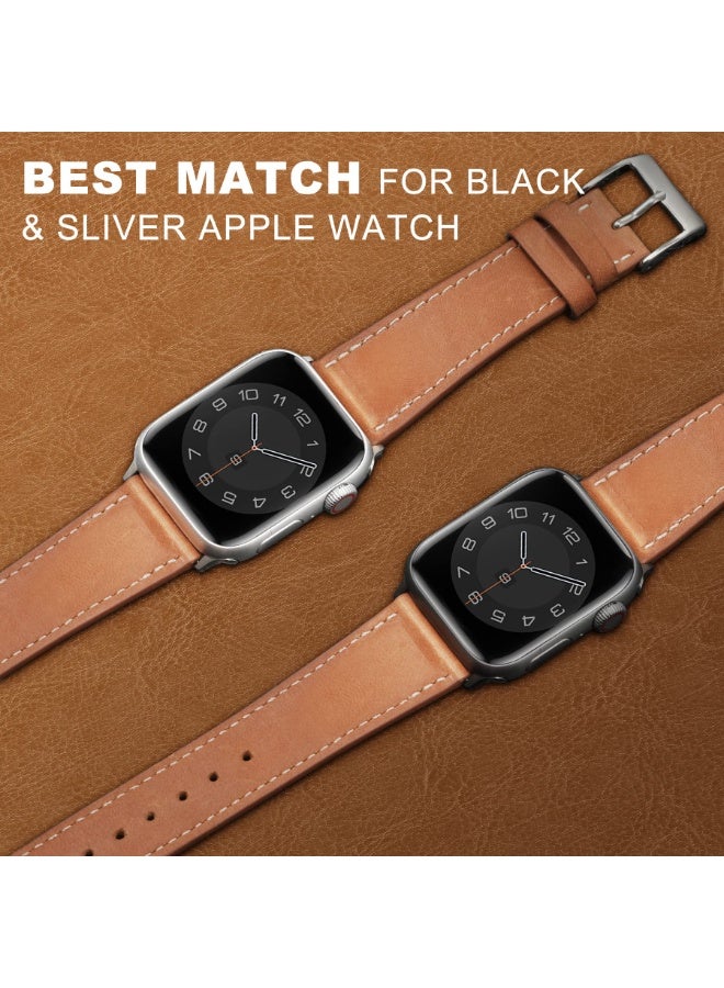Compatible with Apple Watch Genuine Leather Band 38mm 40mm 41mm Soft Replacement Strap Adjustable Wristbands Compatible with iWatch SE & Series 9/8//7/6/5/4/3/2/1, Men Women(Caramel Brown) - Image 3