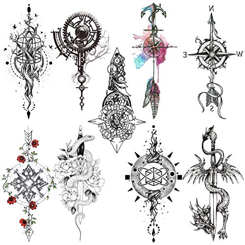 Oottati 8 Sheets Black Arrow Compass Feather Dragon Anchor Sword Snake Tree Flower Temporary Tattoos for Arm - Image 1