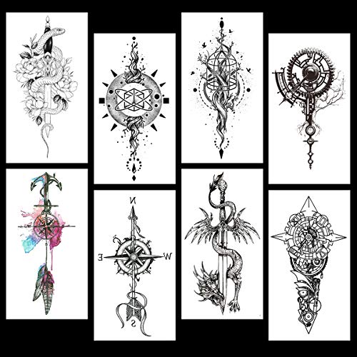 Oottati 8 Sheets Black Arrow Compass Feather Dragon Anchor Sword Snake Tree Flower Temporary Tattoos for Arm - Image 2