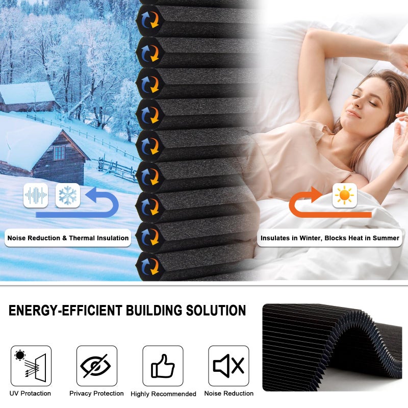 Tonature No Drill Cellular Shades for Indoor Windows, Thermal Insulating & Noise Reducing Honeycomb Blinds, Free Stop Cordless Blackout Shades, Black, 22" W x 64" H - Image 4