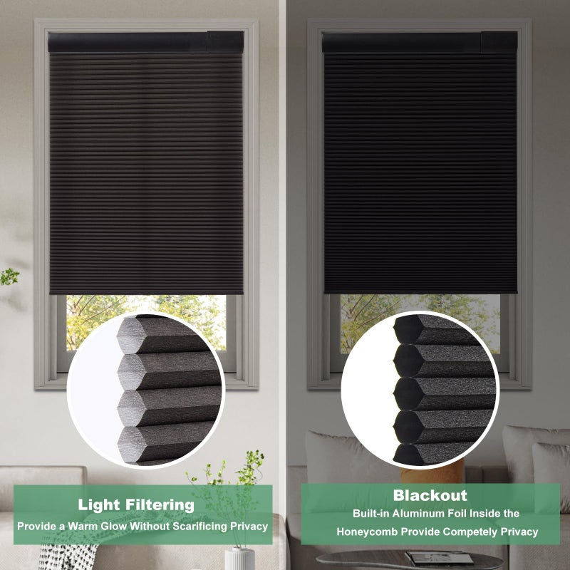 Tonature No Drill Cellular Shades for Indoor Windows, Thermal Insulating & Noise Reducing Honeycomb Blinds, Free Stop Cordless Blackout Shades, Black, 22" W x 64" H - Image 5