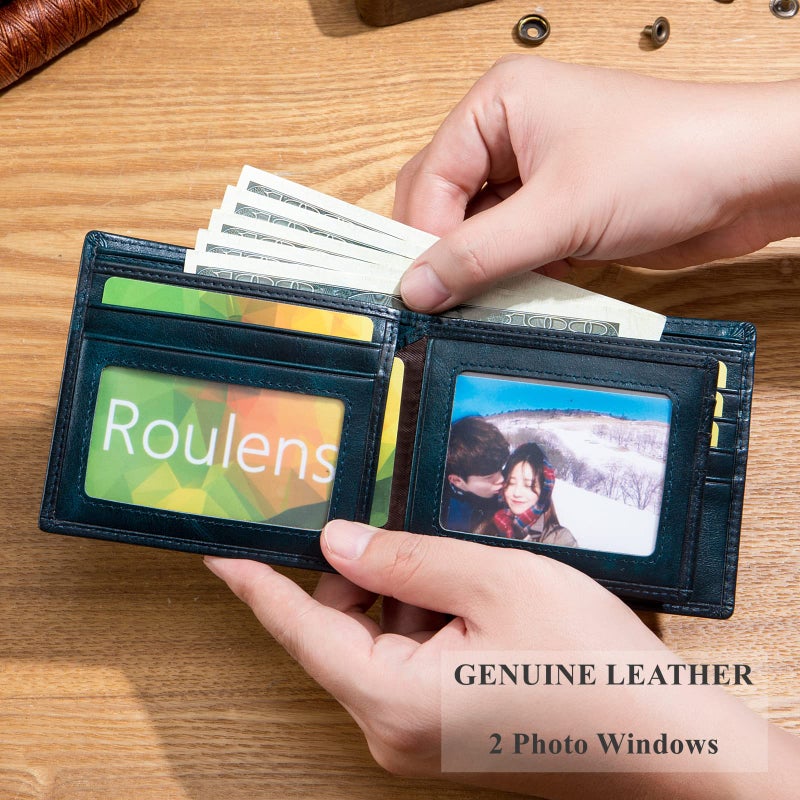 BULLCAPTAIN RFID Wallets for Men Slim Bifold Genuine Leather Front Pocket Wallet with 2 ID Windows QB-05 (Peacock Blue) - Image 3