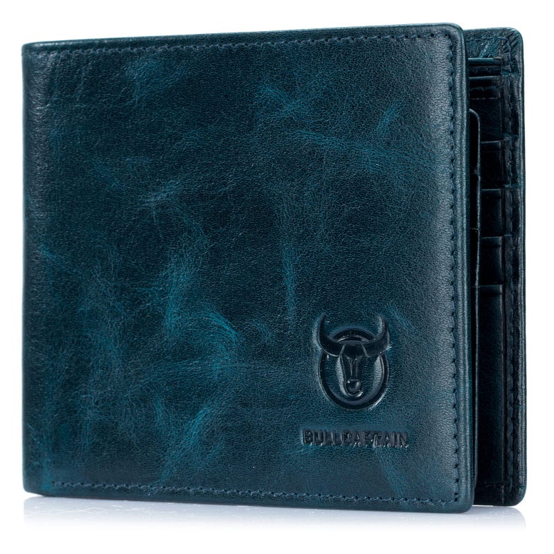 BULLCAPTAIN RFID Wallets for Men Slim Bifold Genuine Leather Front Pocket Wallet with 2 ID Windows QB-05 (Peacock Blue) - Image 1