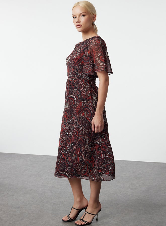 trendyol Red Shawl Patterned A-Line Angel Sleeve Lined Chiffon Midi Woven Dress - Image 2