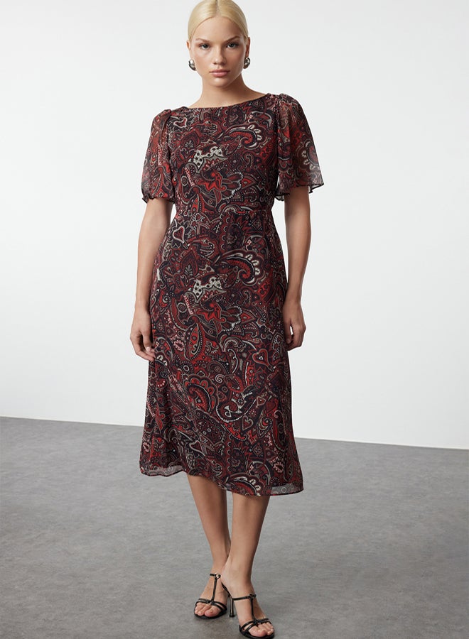 trendyol Red Shawl Patterned A-Line Angel Sleeve Lined Chiffon Midi Woven Dress - Image 1