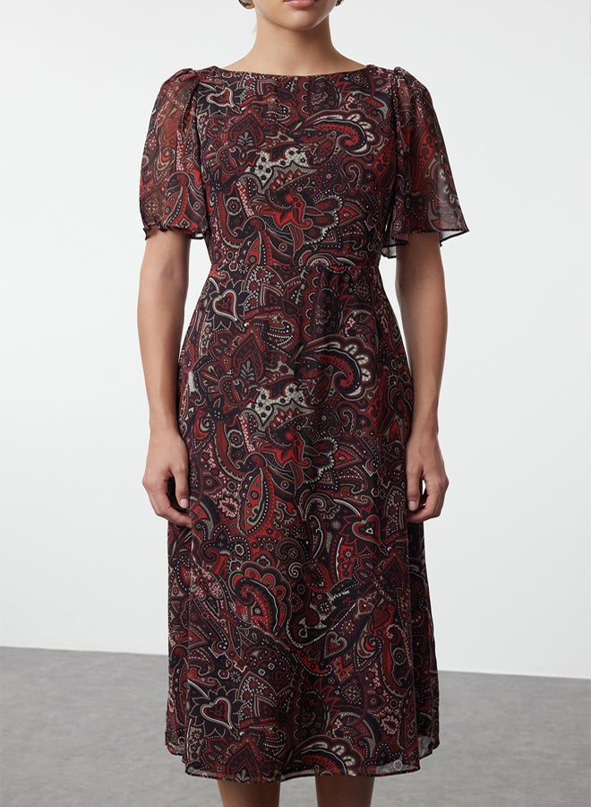 trendyol Red Shawl Patterned A-Line Angel Sleeve Lined Chiffon Midi Woven Dress - Image 4