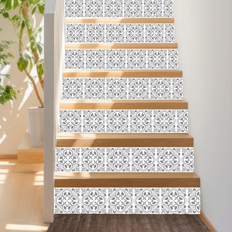 WALPLUS Peel and Stick Stair Riser Decals 15 Strips 39"" x 7.1"" Antique Pattern Tiles Stair Stickers Stair Decals Stair Risers Covers Wallpaper for Stairs Easy Installation Home Decor - Image 1