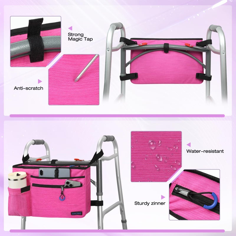 ZHCHG Walker Bag with Cup Holder, Walker Accessories for Seniors Detachable, Foldable Walker Basket with Big Capacity, Best Gift- Pink (Not Fit Rollator Walkers) - Image 5