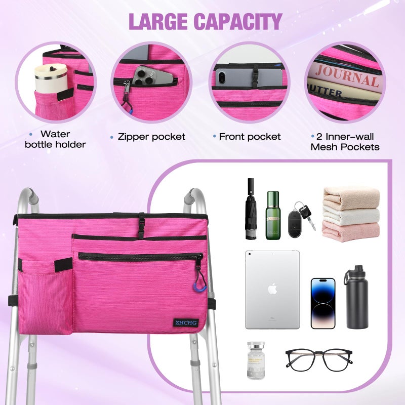 ZHCHG Walker Bag with Cup Holder, Walker Accessories for Seniors Detachable, Foldable Walker Basket with Big Capacity, Best Gift- Pink (Not Fit Rollator Walkers) - Image 4
