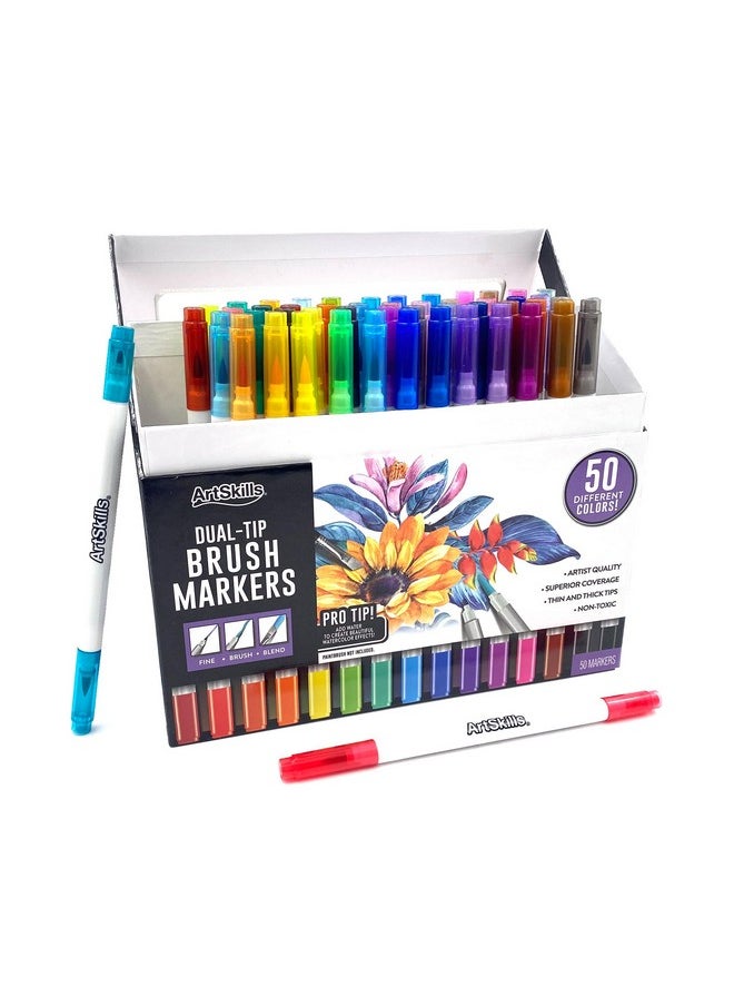 ArtSkills Dual Tip Fine & Brush Tip Markers For Adult Coloring Brush Markers 50Count  - Image 1