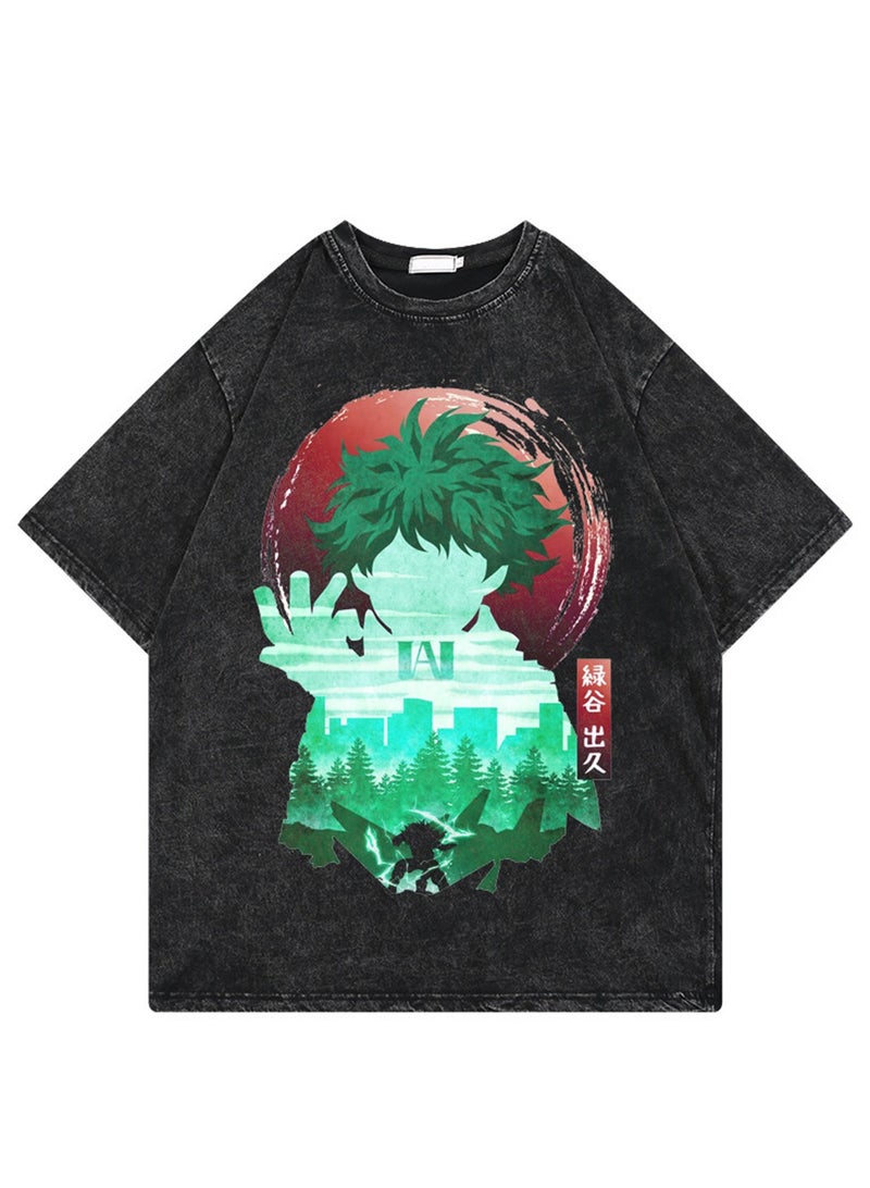 Washed retro T-shirt street hip hop anime My Hero Academia casual cotton summer short sleeves - Image 1