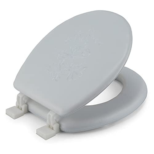 J&V Textiles Embroidered Soft Round Toilet Seat With Easy Clean & Change Hinge, Padded (White) - Image 1