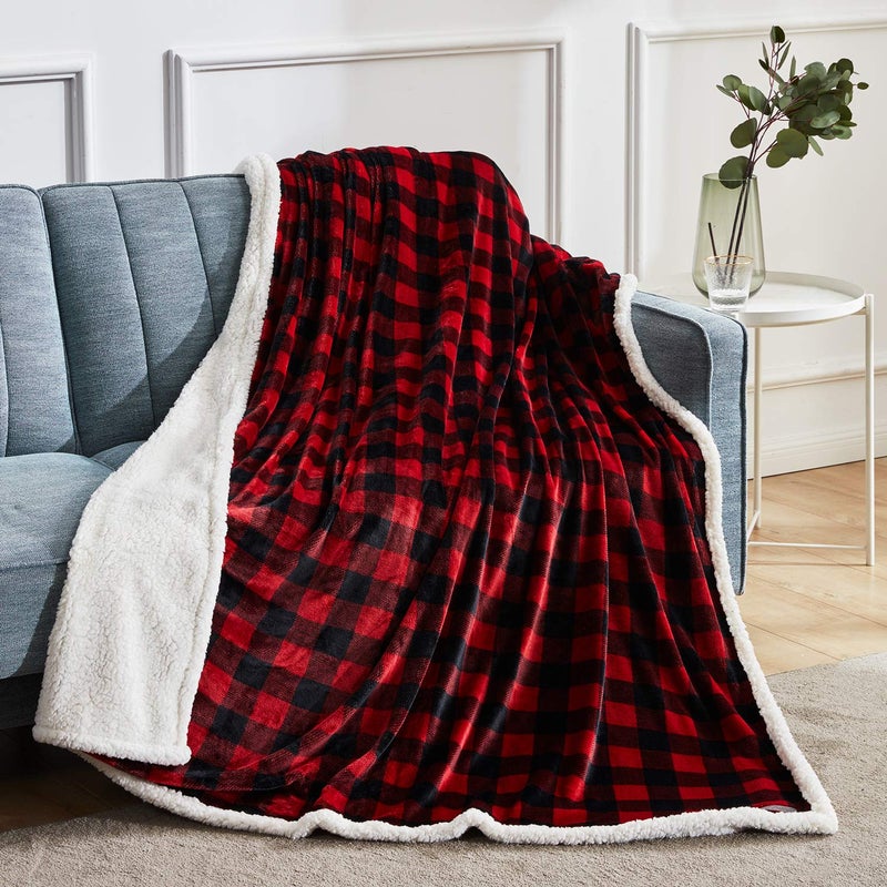 BEAUTEX Sherpa Fleece Throw Blanket  Super Soft Warm Buffalo Plaid Plush Blankets and Throws  Lightweight Cozy Fuzzy Blanket for Couch Sofa Bed (Red  50"" x 60"") - Image 2
