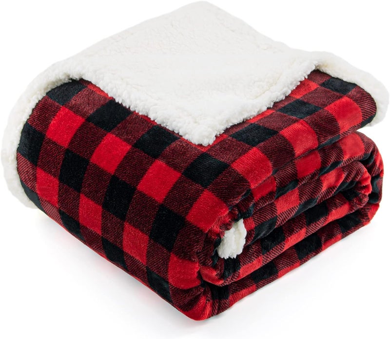 BEAUTEX Sherpa Fleece Throw Blanket  Super Soft Warm Buffalo Plaid Plush Blankets and Throws  Lightweight Cozy Fuzzy Blanket for Couch Sofa Bed (Red  50"" x 60"") - Image 1