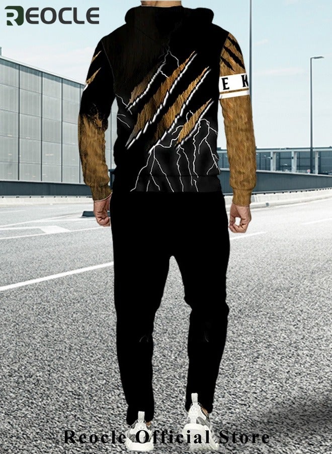 Men's 2 Pcs Hoodie Set Sweatshirt Suit 3D Printed Long Sleeve Hoodie with Zipper Trackpant Casual Suit