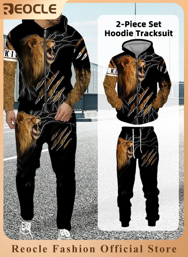 Men's 2 Pcs Hoodie Set Sweatshirt Suit 3D Printed Long Sleeve Hoodie with Zipper Trackpant Casual Suit
