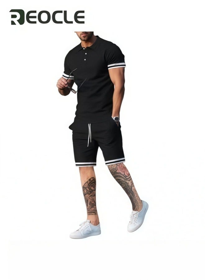 REOCLE Men's Polo Shirt and Shorts Set Summer Outfits Casual Button Down Short Sleeve Suit Shorts Tracksuit 2 Piece - Image 3