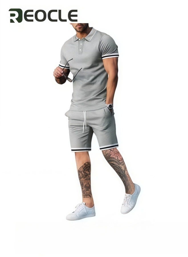 REOCLE Men's Polo Shirt and Shorts Set Summer Outfits Casual Button Down Short Sleeve Suit Shorts Tracksuit 2 Piece - Image 5