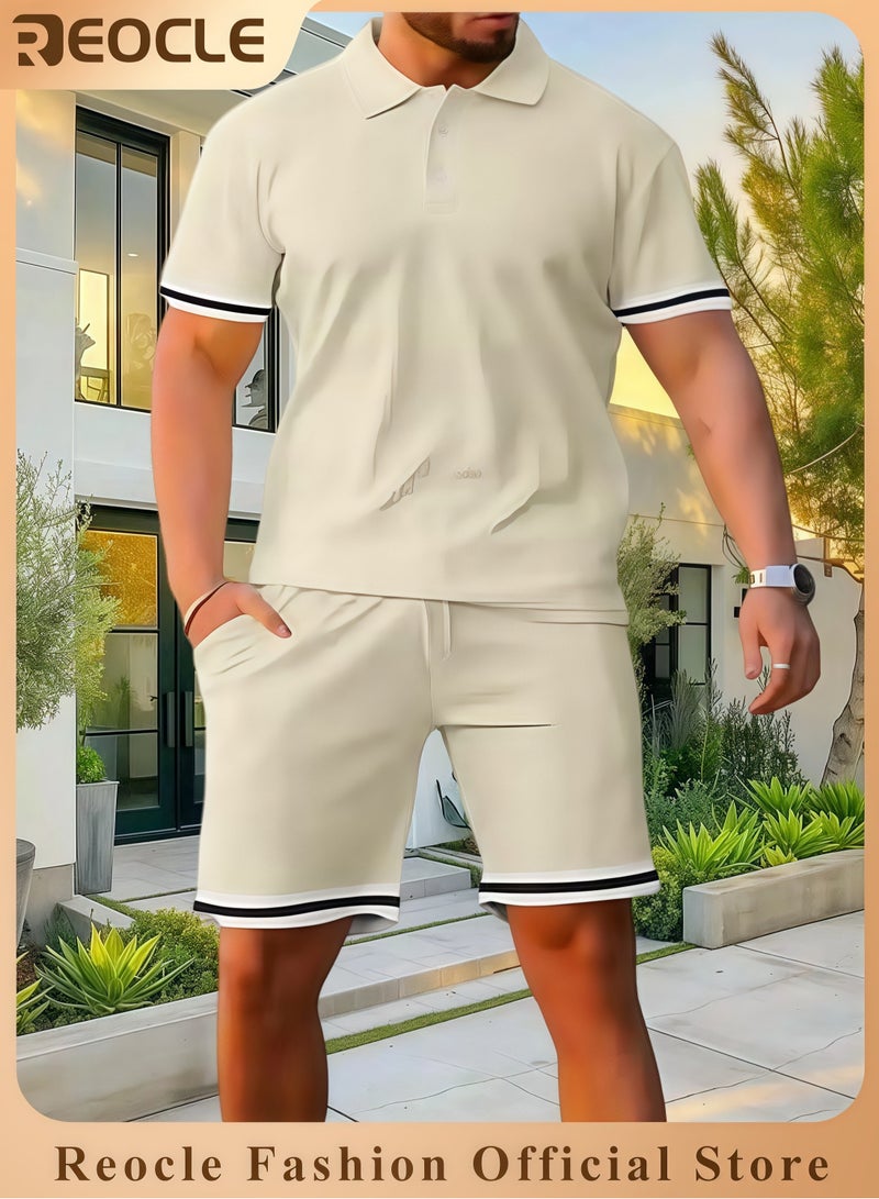 REOCLE Men's Polo Shirt and Shorts Set Summer Outfits Casual Button Down Short Sleeve Suit Shorts Tracksuit 2 Piece - Image 1