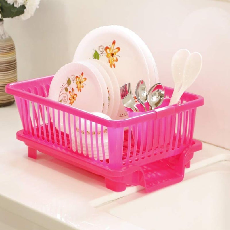 Kitchenwell حوض غسيل الأطباق من كيتشن ويل | حامل تجفيف كبير متين من البلاستيك 3 في 1 مع صينية | منظمو حامل الأطباق، أدوات وأواني المطبخ | وردي، عبوة من 1، 30.5 × 44 × 14.8 سم - Image 2