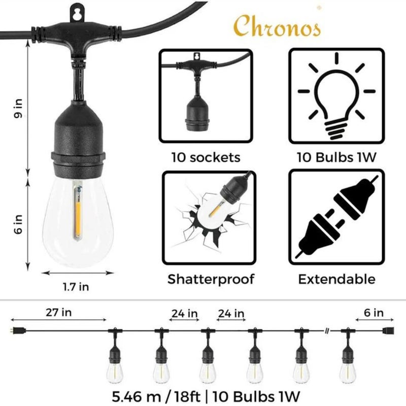 Chronos Waterproof Outdoor String Lights 18ft 54m Straight Line with 10 S14 1W LED Filament Bulbs Durable EnergyEfficient Perfect for Patio Garden Balcony Party Dcor - Image 2