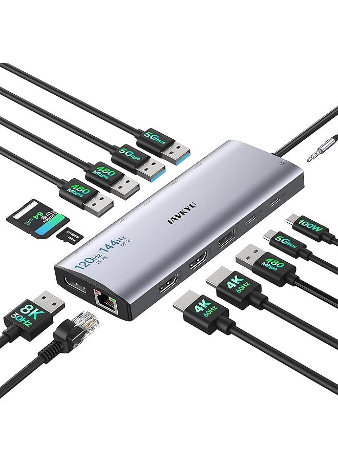 erorex - Docking Station 3 Monitors Usb C Triple Display Adapter 3X 4K Screen Support Single Displayport 8K 30Hz 100W Pd Hdmi Ethernet Usb 3.0 Audio Compatible With Windows Usb C Laptops - Image 1