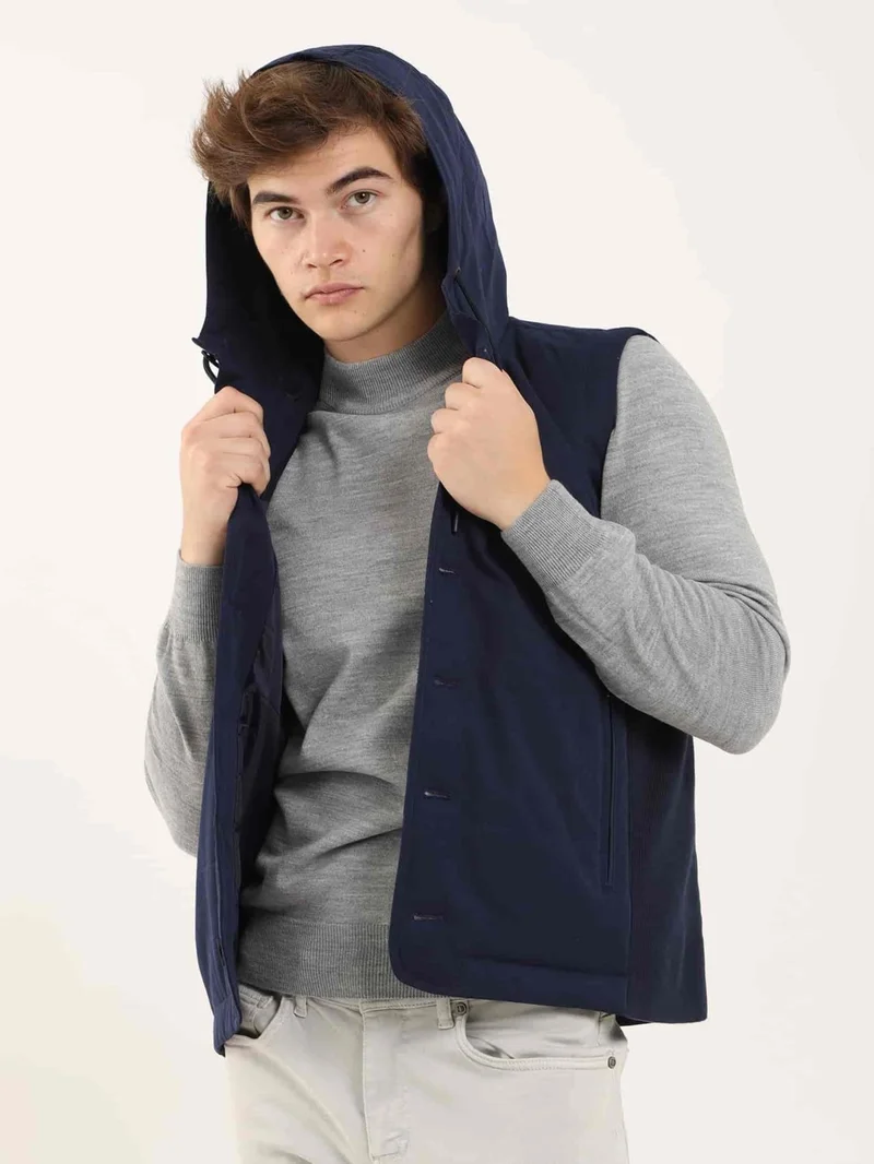 دوفي Navy Blue Men's Slim Fit Plain Casual Hooded Vest Coat - 97125
