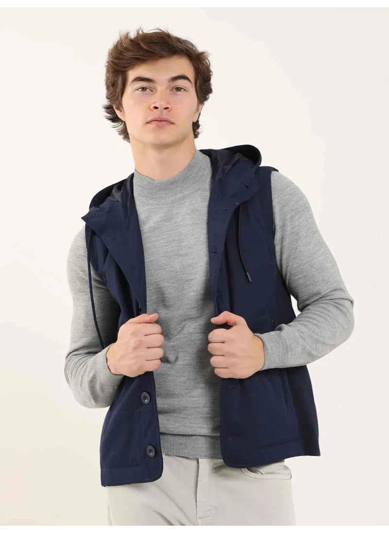 Dufy Navy Blue Men's Slim Fit Plain Casual Hooded Vest Coat - 97125