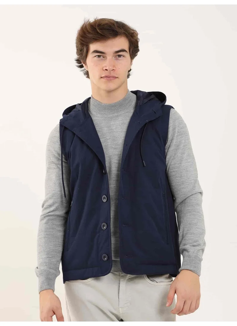 Dufy Navy Blue Men's Slim Fit Plain Casual Hooded Vest Coat - 97125