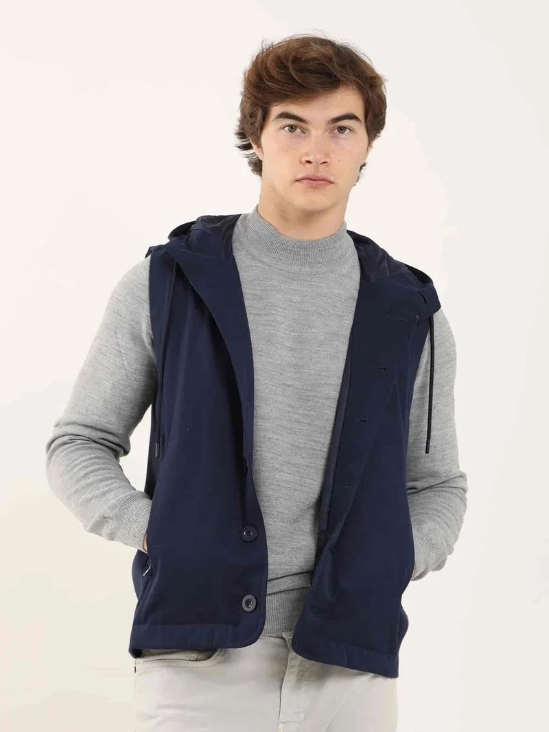 دوفي Navy Blue Men's Slim Fit Plain Casual Hooded Vest Coat - 97125