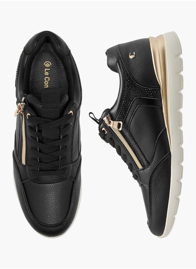 Le Confort Women Panelled Sneakers with Lace-Up Closure and Wedge Heels  - Image 1