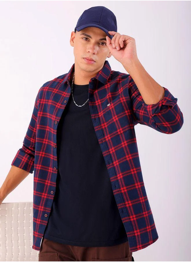 شركة المرآب الهندية Men Slim Fit Checkered Full Sleeves Cutaway Collar Casual Shirt