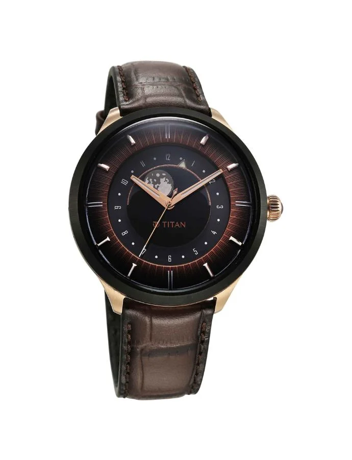 تيتان Men's Leather Analog Watch 10028KL02 - 43 mm