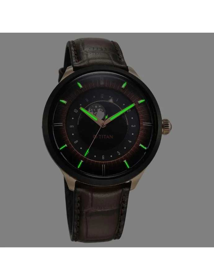 تيتان Men's Leather Analog Watch 10028KL02 - 43 mm