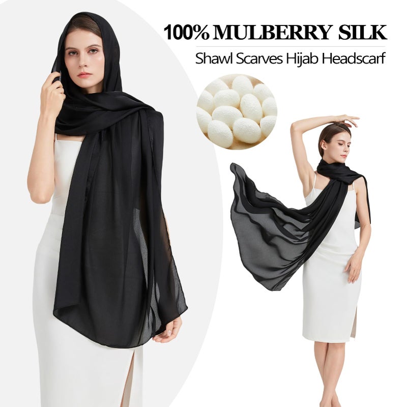 Nonakgado black silk scarf-ladies spring fall summer long 100% mulberry silk neck scarf hijab travel beach shawl wrap for women(CJ-Black) - Image 3