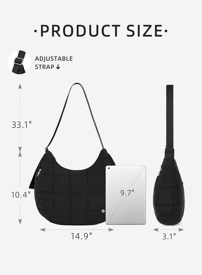 WESTBRONCO Puffer Crescent Shoulder Bag for Women, Nylon Quilted Shoulder Purses, Puffy Handbags with Adjustable Strap (Black) - Image 2