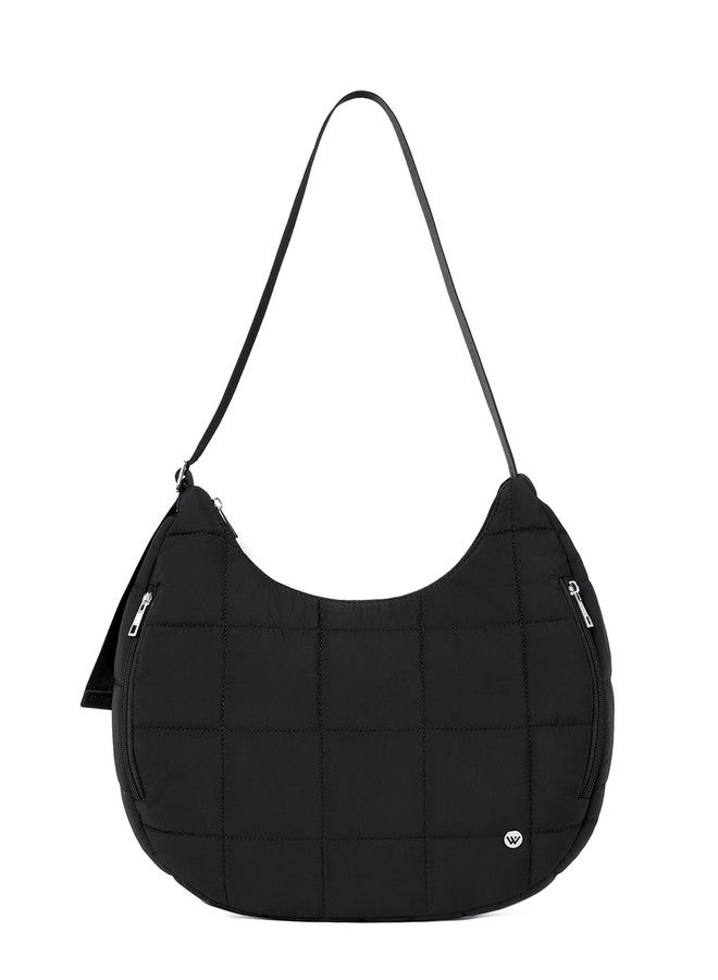 WESTBRONCO Puffer Crescent Shoulder Bag for Women, Nylon Quilted Shoulder Purses, Puffy Handbags with Adjustable Strap (Black) - Image 1