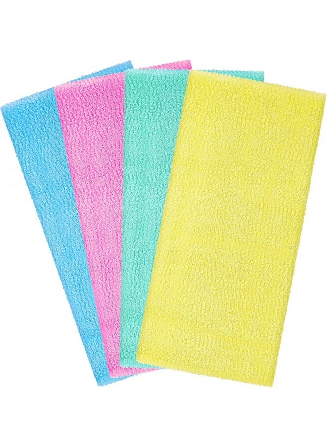 BOAO 4 Pieces Exfoliating Washcloth Towel Japanese Washcloth Nylon Beauty Skin Bath Wash Towel Sponge Korean Loofah Bath Cloth Shower Washcloth for Body 35 Inches (Blue, Pink, Yellow, Green)