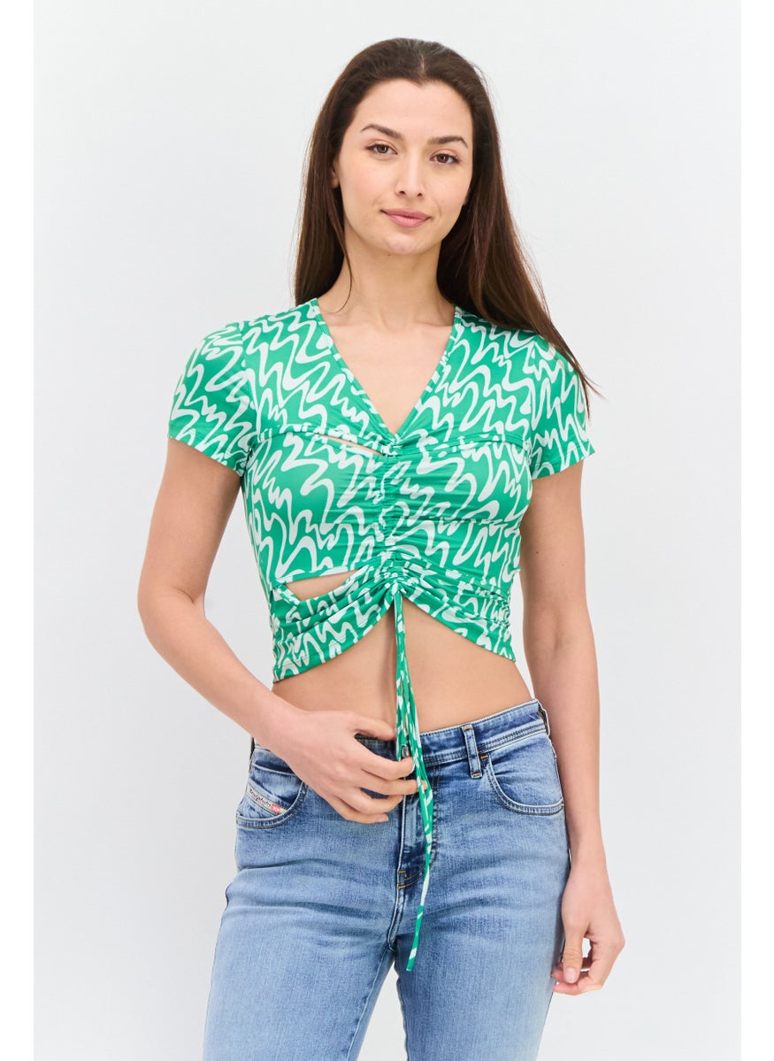 MONKI Women V Neck Short Sleeve All Over Print Top, Green  - Image 1
