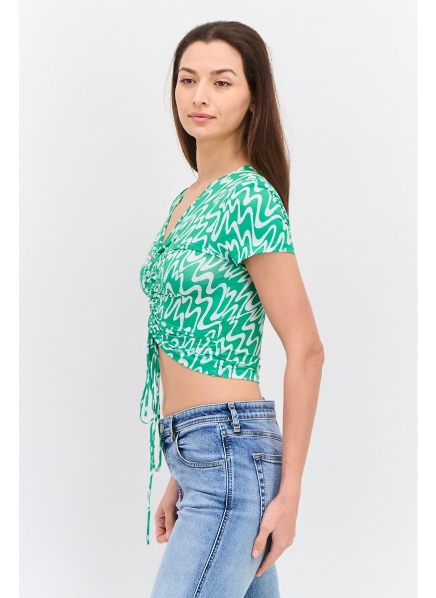 MONKI Women V Neck Short Sleeve All Over Print Top, Green  - Image 2